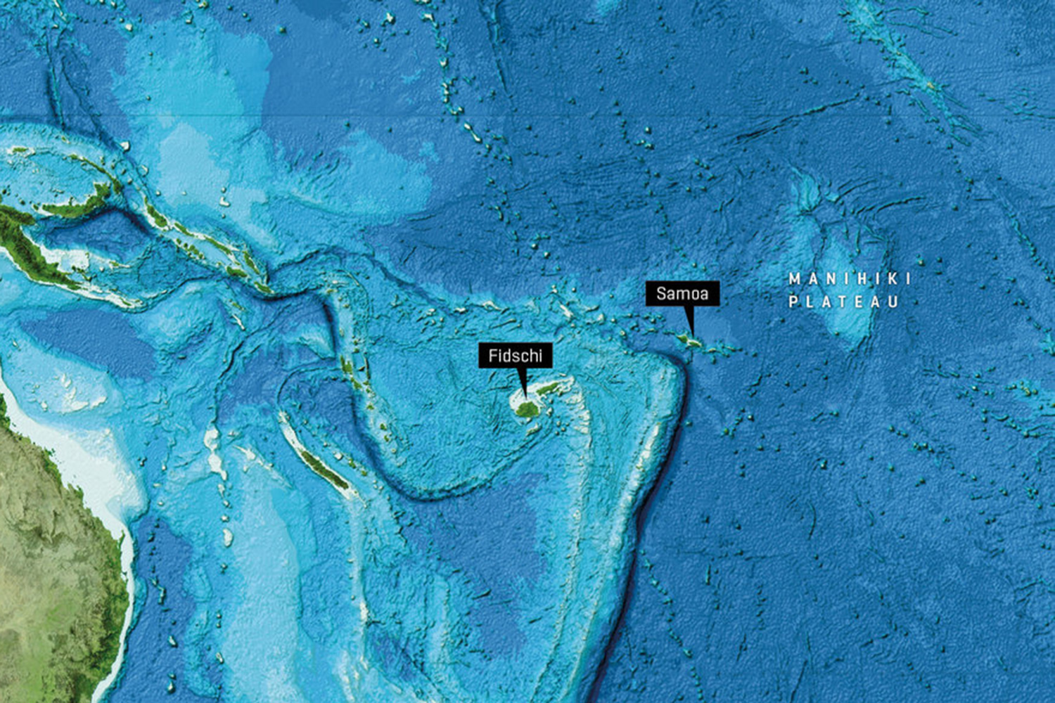 Das Manihiki-Plateau liegt nordöstlich der Pazifikstaaten Fidschi und Samoa. Image reproduced from the GEBCO world map 2014, www.gebco.net