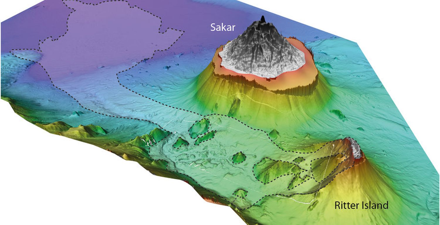 3D visualization of Ritter Island and the surrounding seafloor with traces of the landslide of 1888. Graphic: Jens Karstens/GEOMAR