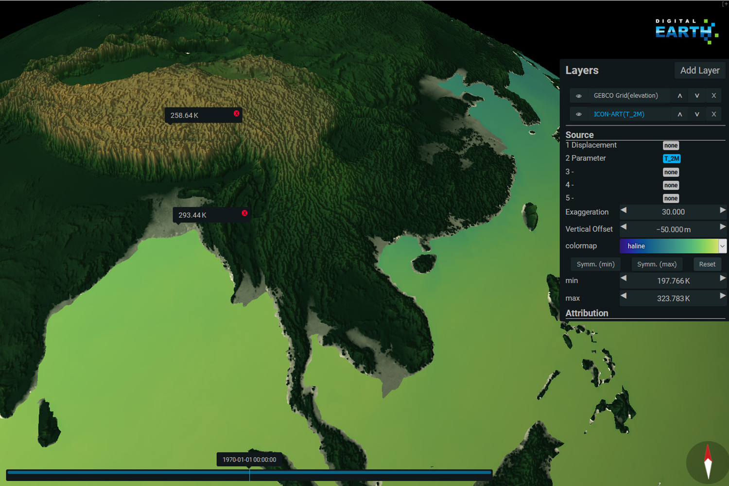 Ein Screenshot aus dem Digital Earth Viewer. In ihm können Simulations- und Messdaten geographisch und zeitlich interaktiv exploriert und verglichen werden. Bild: Digital Earth