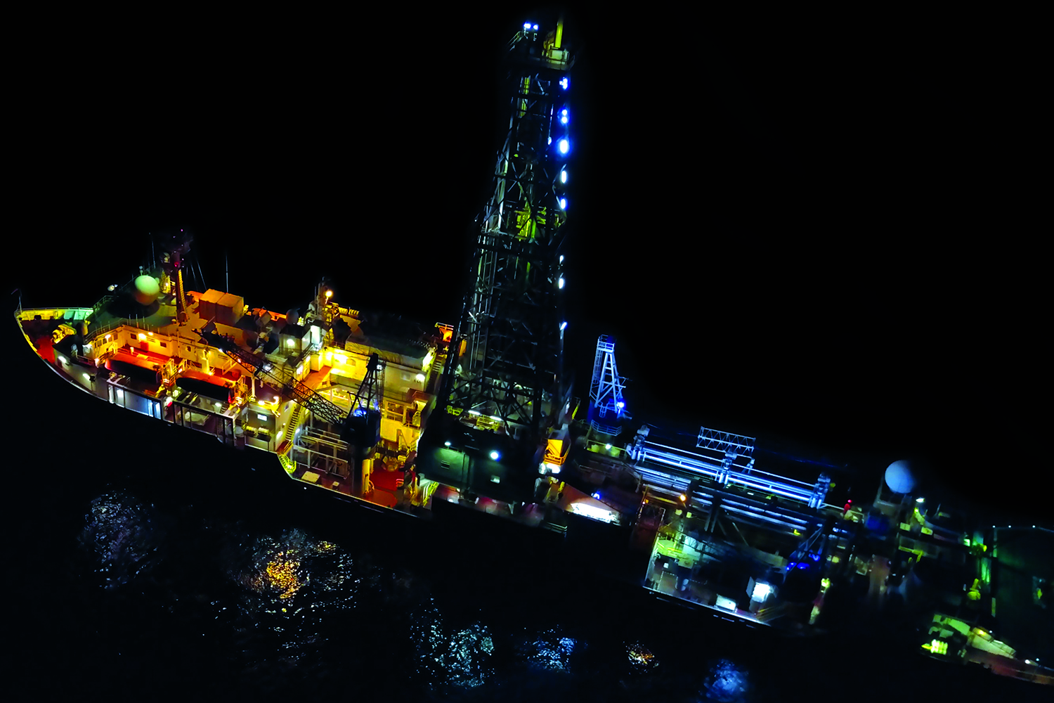 Night vision of the scientific drillship JOIDES Resolution that recovered multimillion year past climate archives for the bottom of the world oceans. Photo: Adam Kurtz